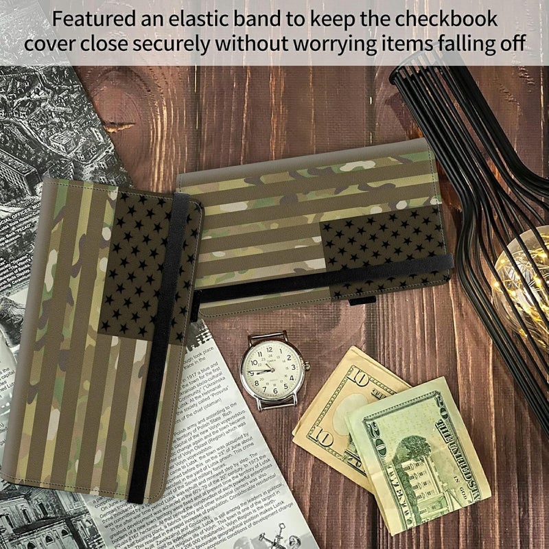FUYOCWE Leather Checkbook Covers for Men Women Check book Holder Cover Wallets for Personal Checkbook Duplicate Checks with RFID Blocking & Elastic Strap-USA Flag Camouflage - Image 4